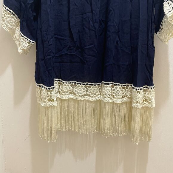 Jodifl Navy Cream Fringe Embroidered Boho 100% Rayon Wrap Sweater Cardigan Sz S - Picture 9 of 12